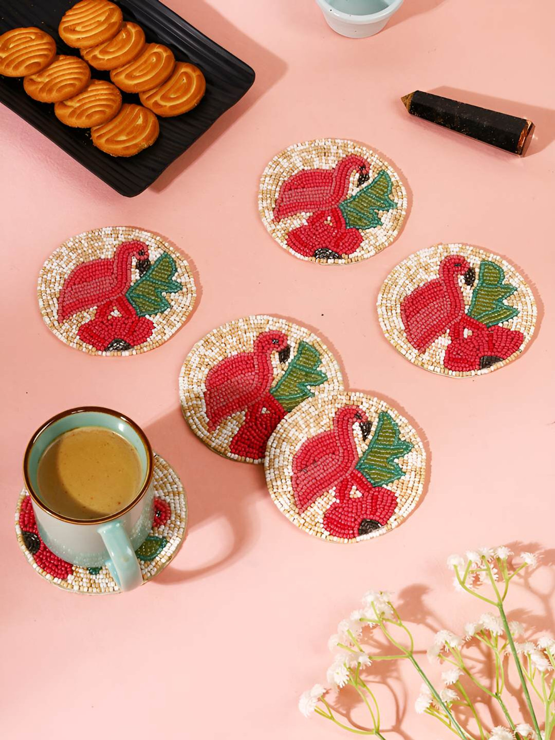 PURINA'S Cream & Green 6 Pieces Beaded Agate Stone Coasters