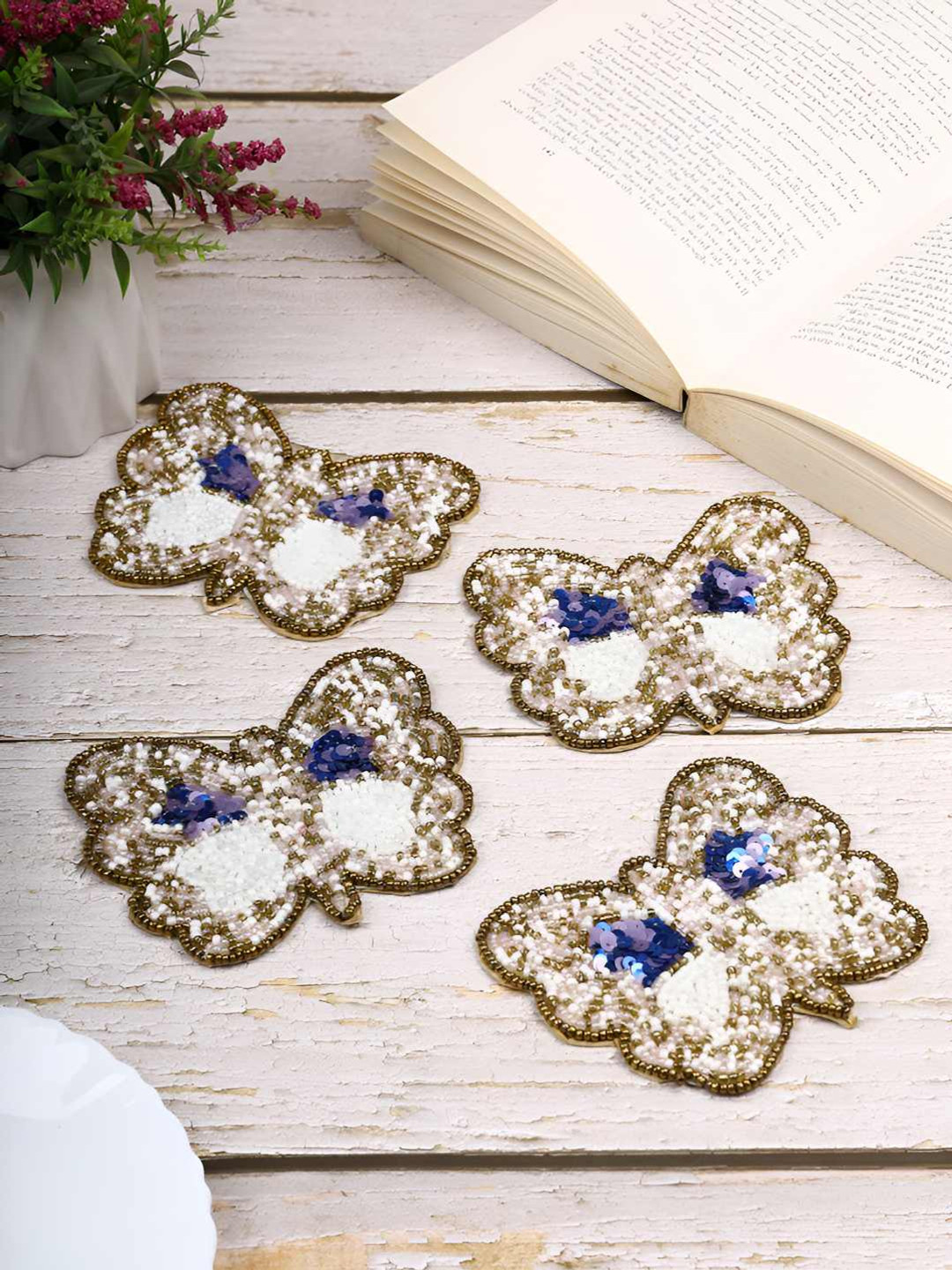 PURINA'S White & Gold 4 Pieces Edge Embellished Beaded Coasters