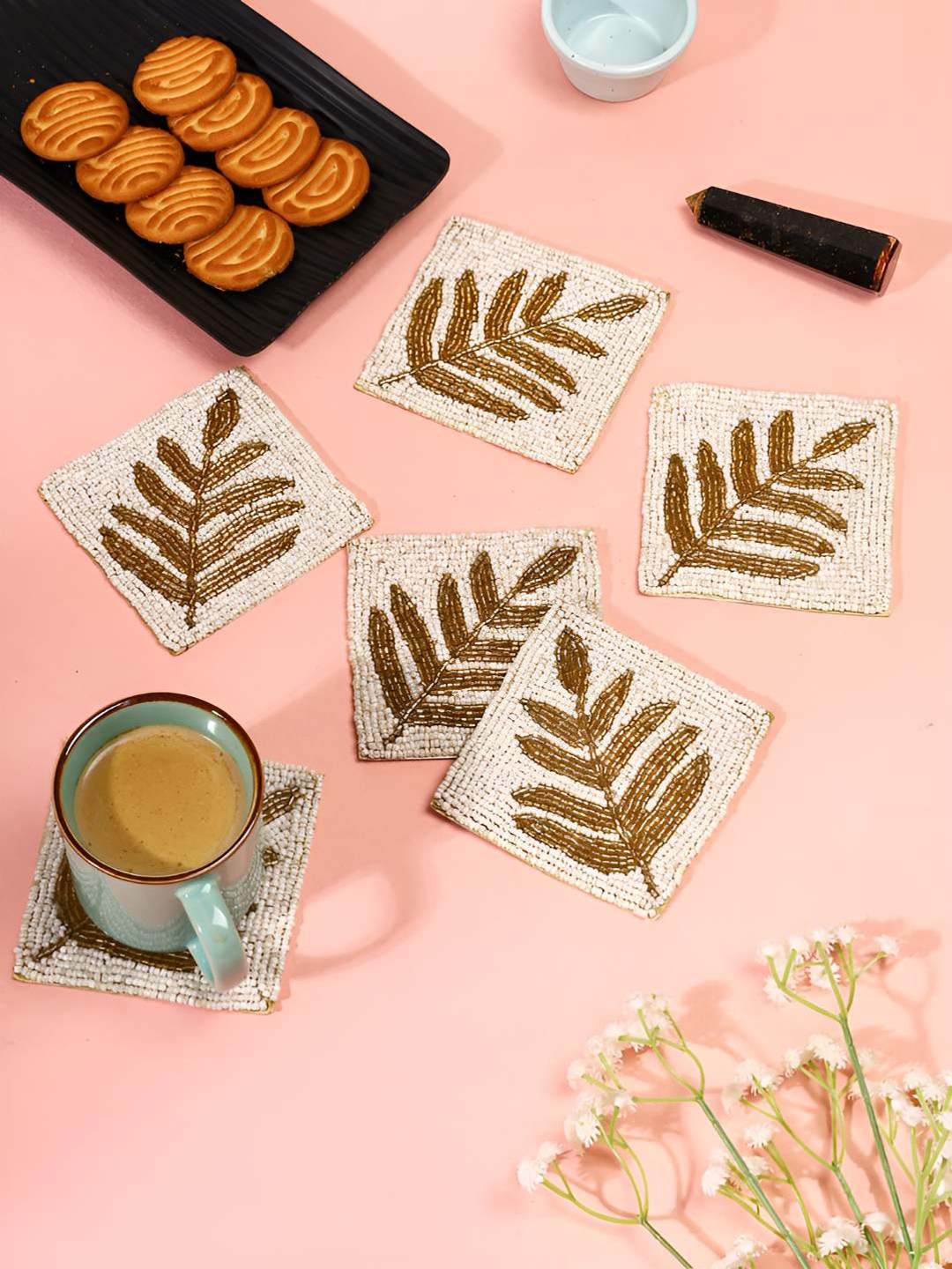 PURINA'S Cream & Brown 6 Pieces Embellished Beaded Square Coasters