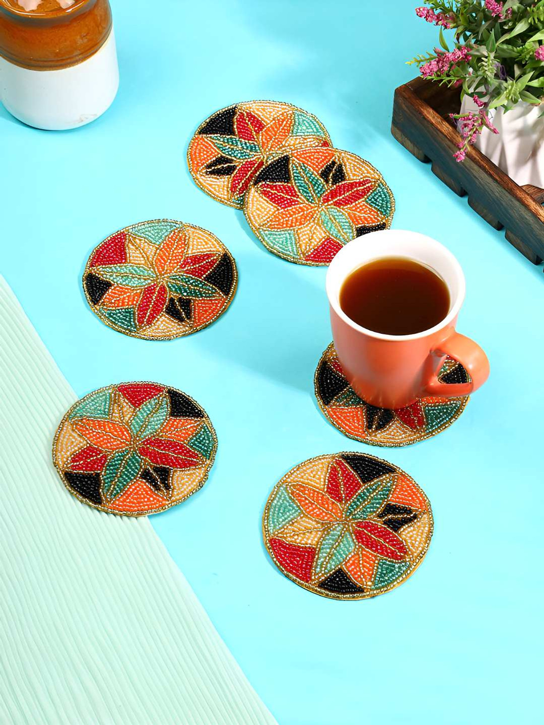 PURINA'S Cream & Green 6 Pcs Beaded Agate Stone Coasters