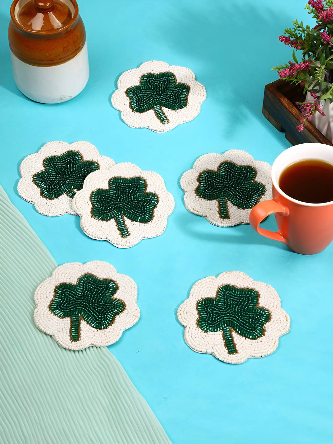 PURINA'S White & Green 4 Pieces Floral Print Agate Stone Coasters