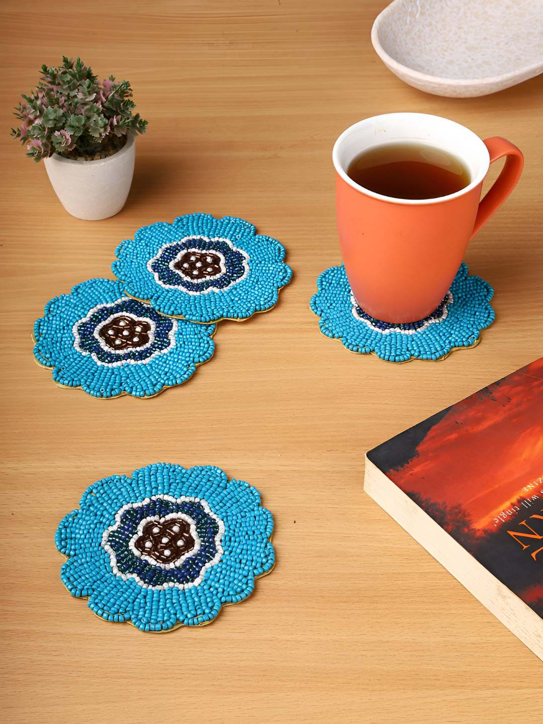 PURINA'S Blue & White 4 Pieces Beaded Agate Stone Coasters