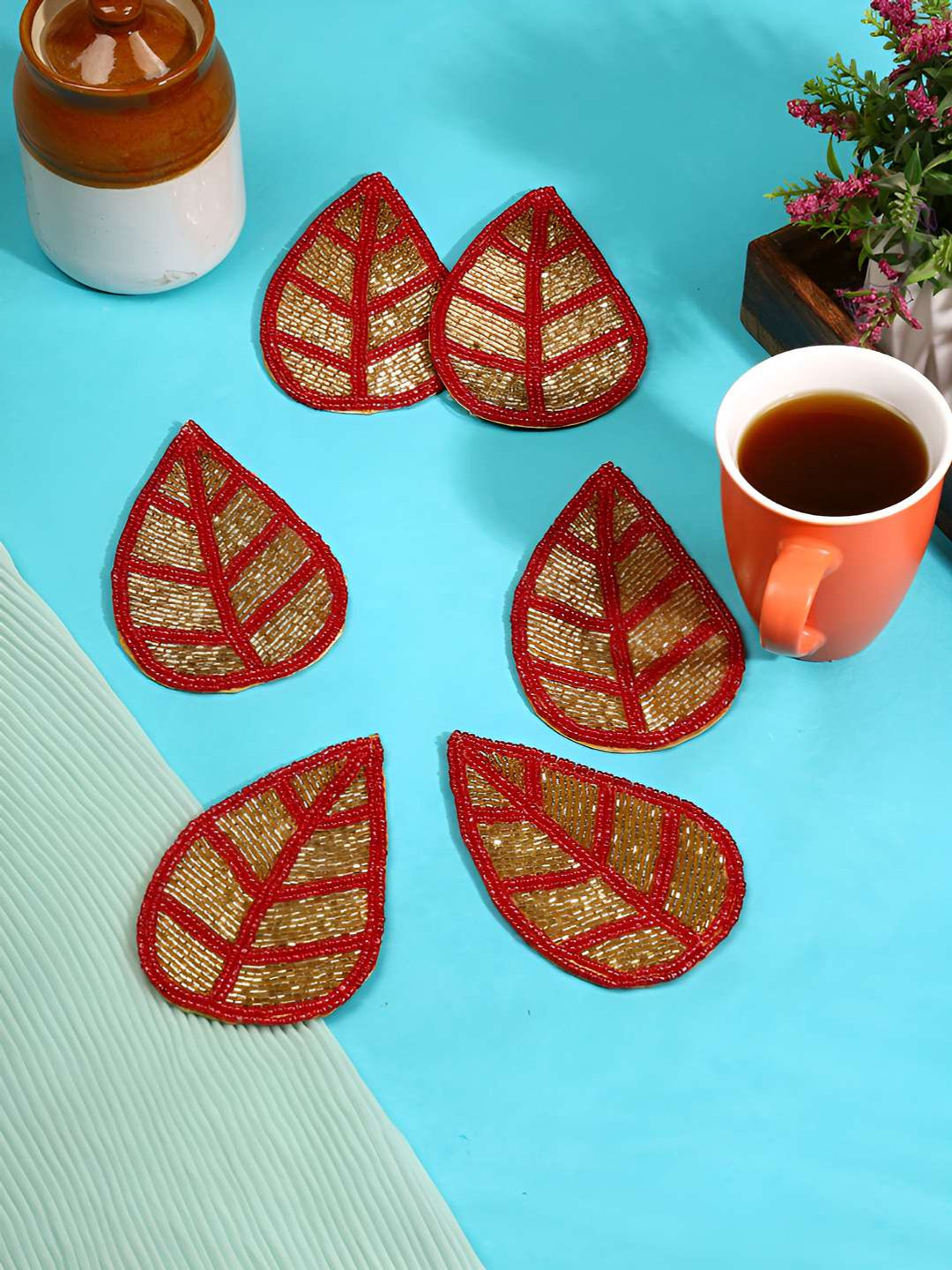 PURINA'S Cream Coloured Red 6 Pieces Beaded Agate Stone Coasters