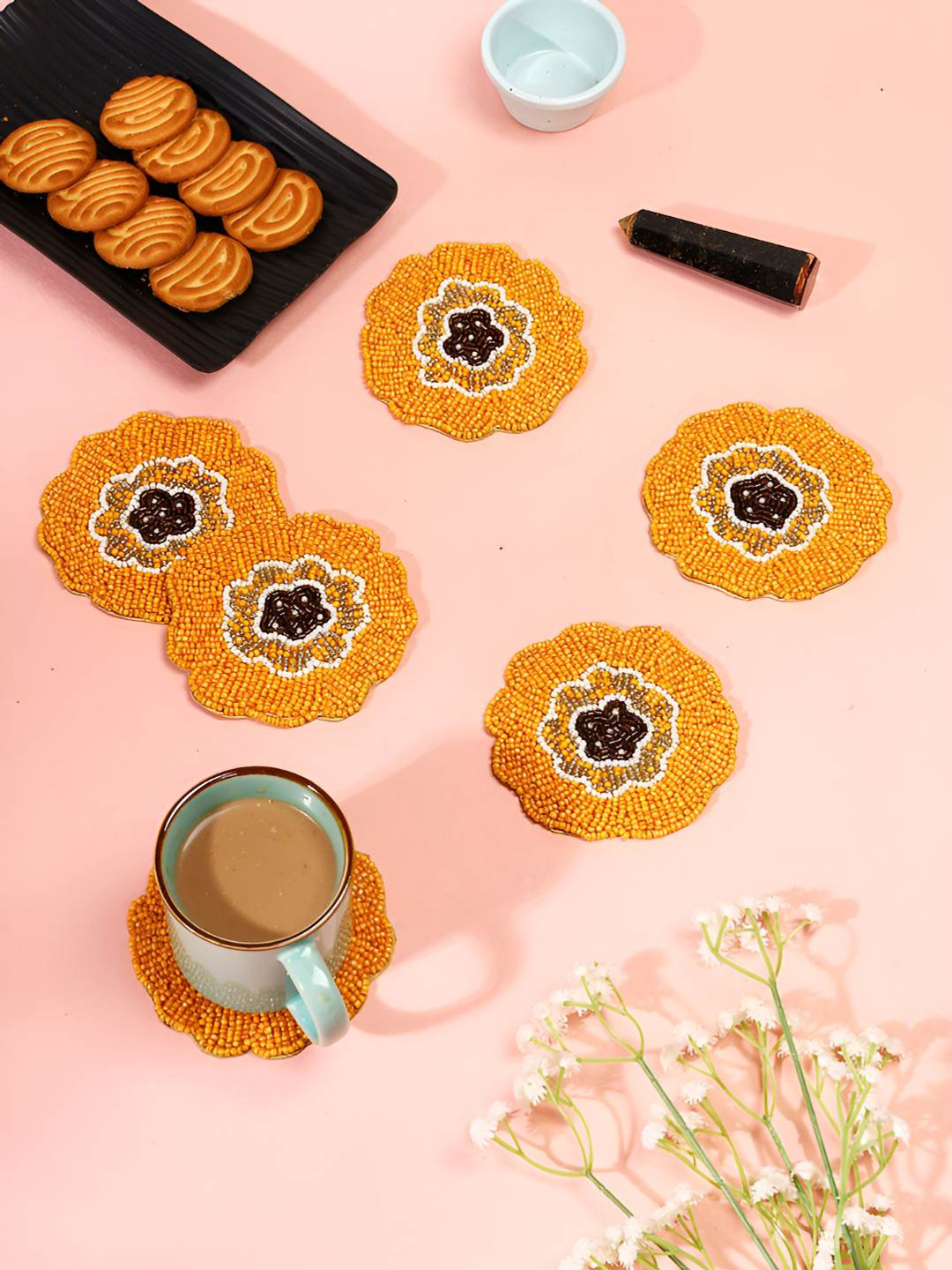 PURINA'S Unisex 6-Pcs Orange & Brown Printed Agate Stone Coasters