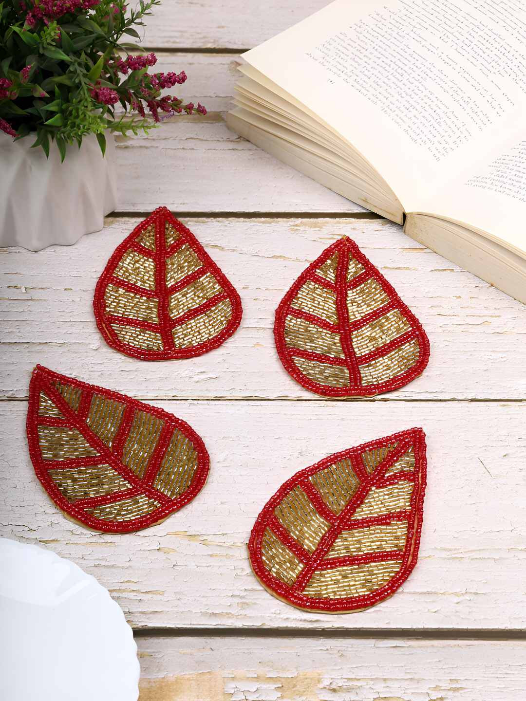 PURINA'S Red & Gold 6 Pieces Leaf Shaped Agate Stone Coasters
