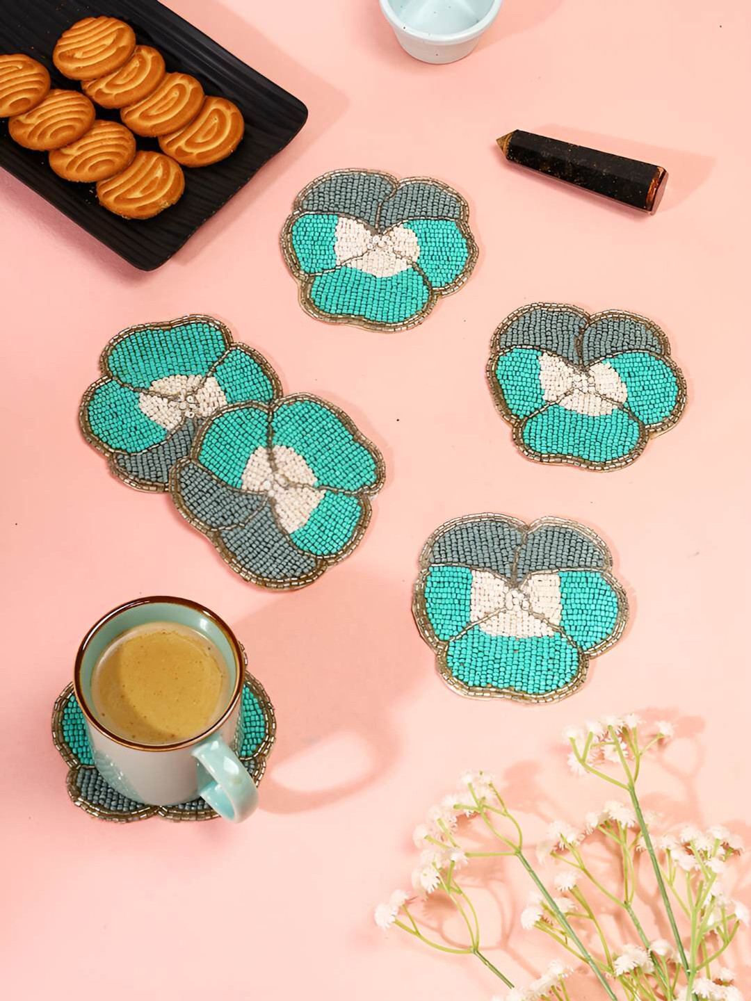PURINA'S Blue & White 6 Pcs Embellished Beaded Coasters