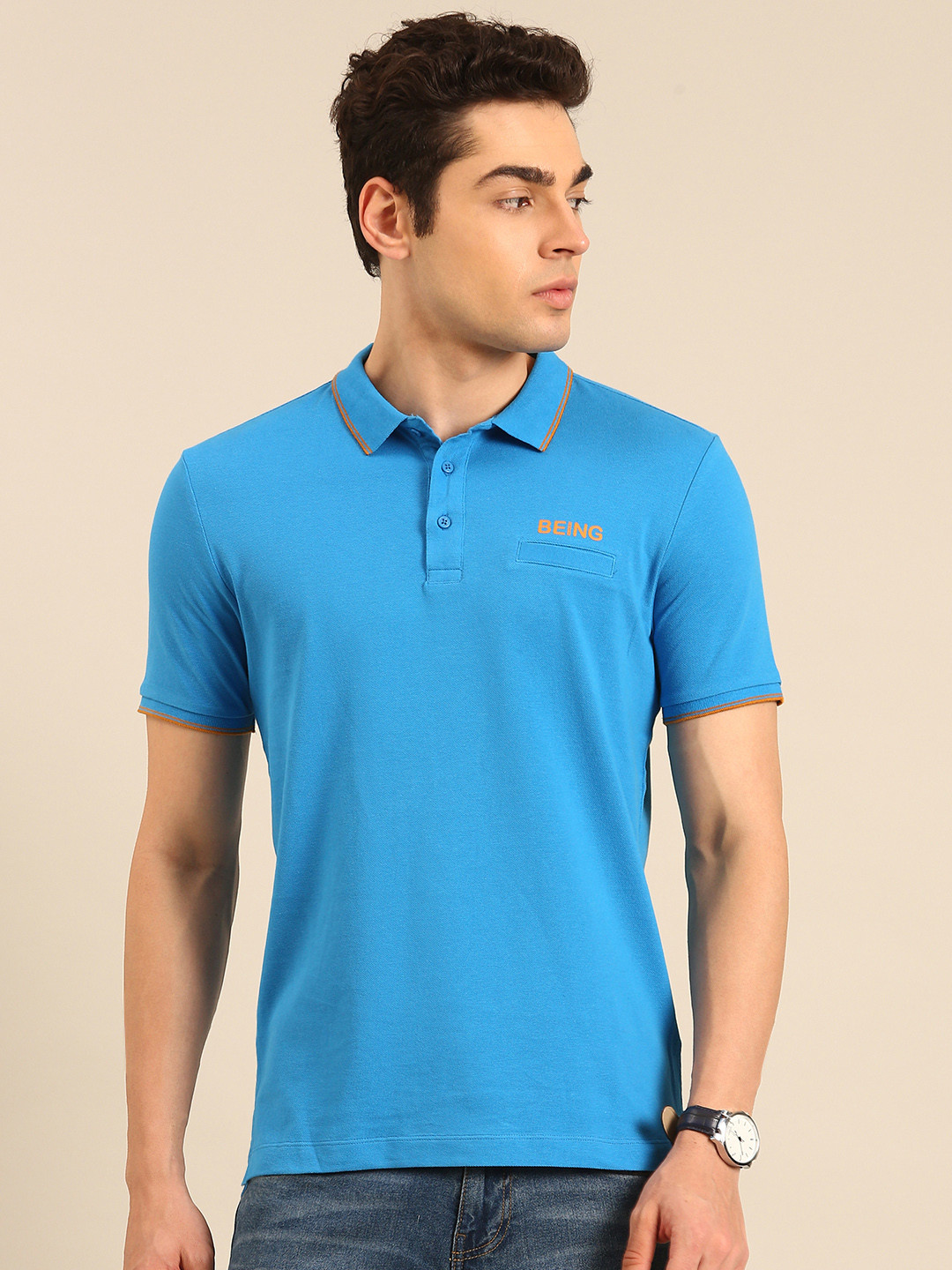 Being Human Polo Collar Pure Cotton T-shirt with Welt Pocket