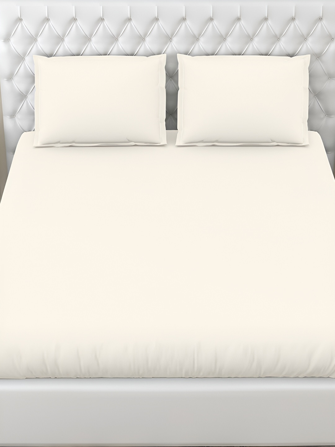 haus & kinder Off White 300 TC Fitted Cotton King Bedsheet with 2 Pillow Covers