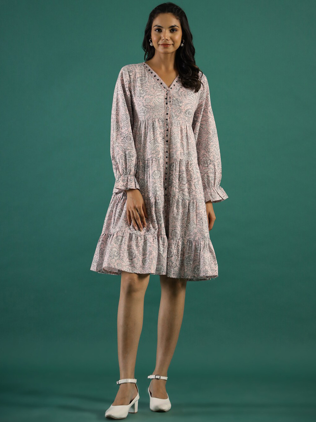 Sangria Pink Floral Printed V-Neck Cotton A-Line Ethnic Dress