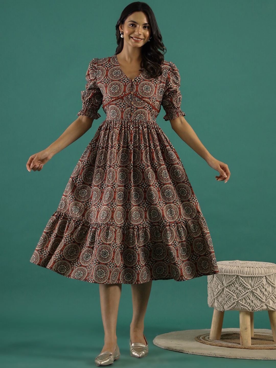Sangria Rust Ethnic Motifs Printed Puff Sleeves Cotton Fit & Flare Ethnic Dress - Ethnic Dresses for Women 29621376 | Myntra