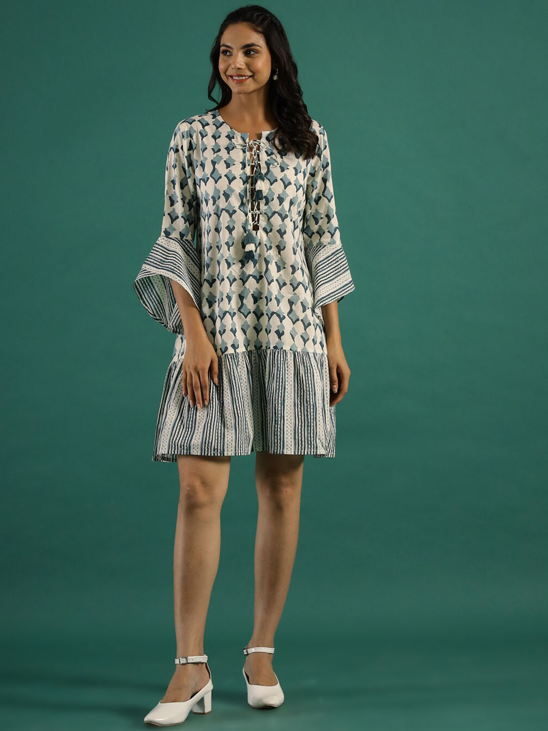 Sangria Cream-Coloured Ethnic Motifs Printed Bell Sleeves Cotton A-Line Ethnic Dress