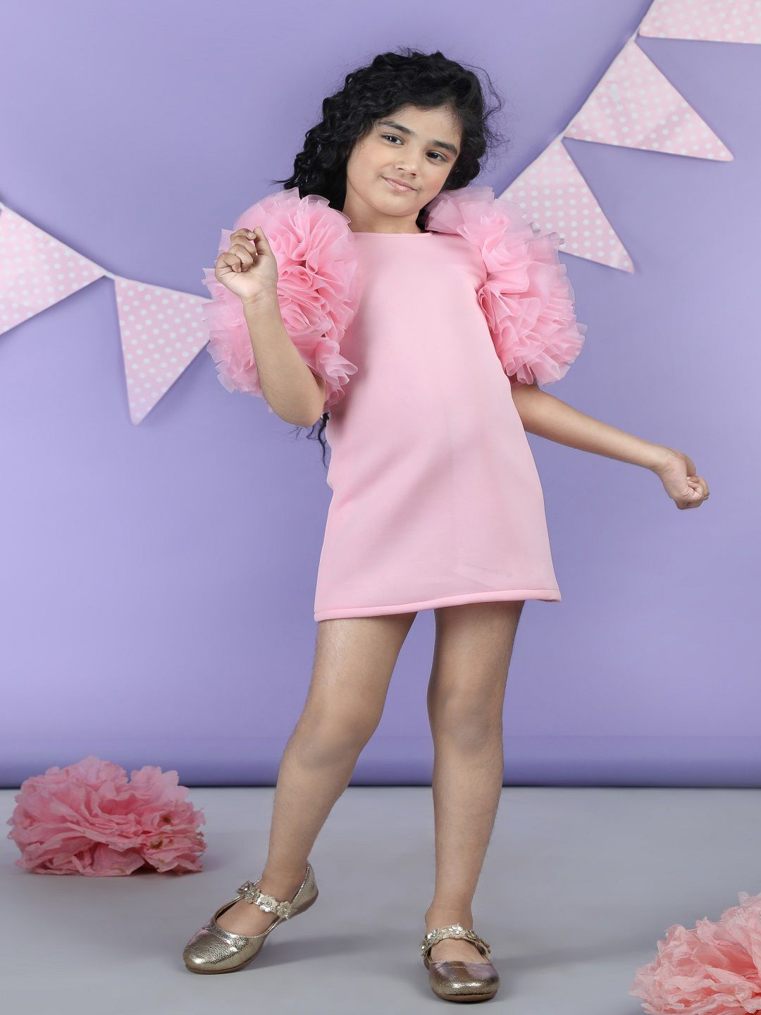 THE LITTLE CELEBS Flutter Sleeve Crepe Sheath Dress