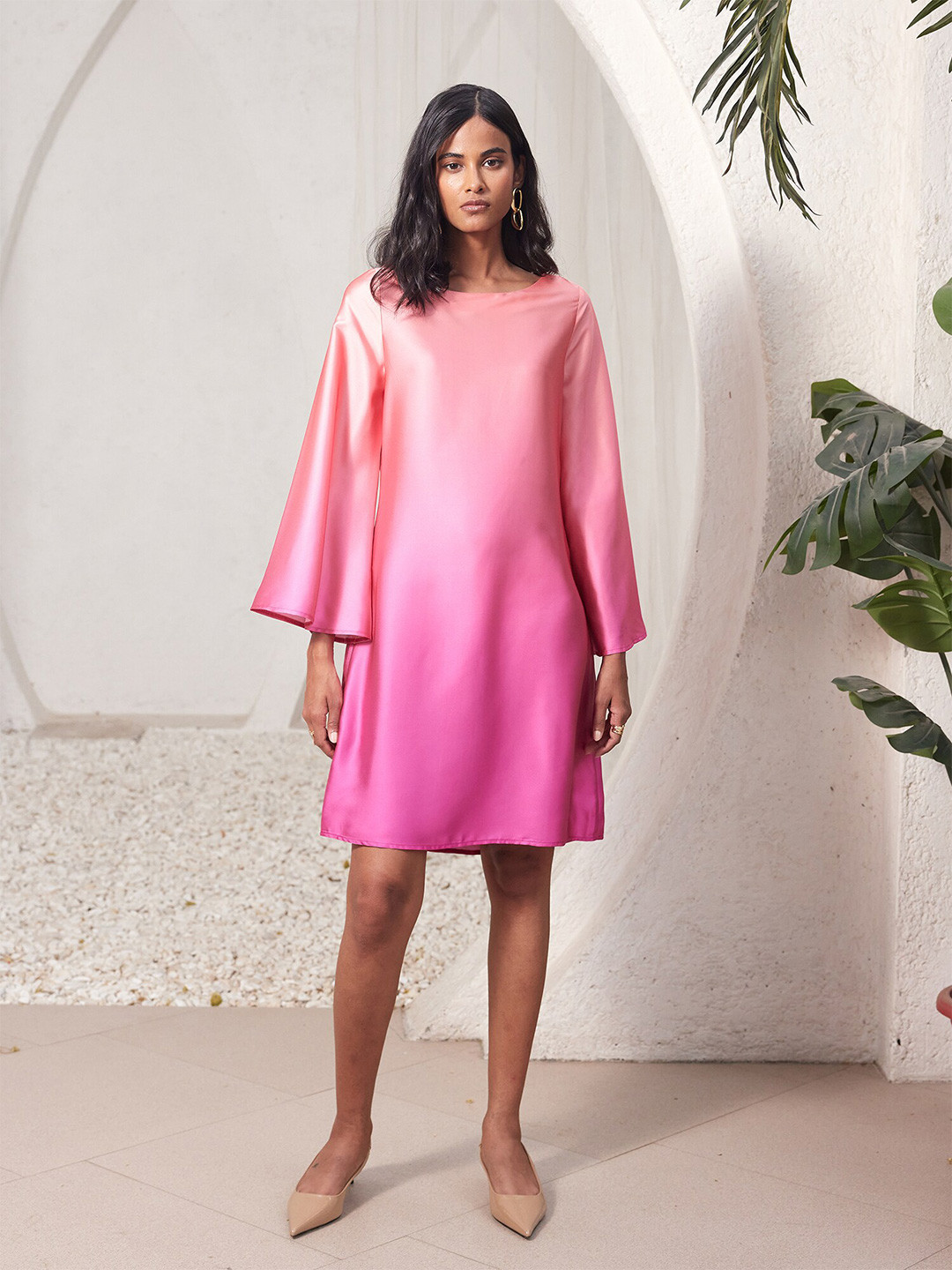 SALT ATTIRE Round Neck Ombre Dyed Flared Sleeve A-Line Dress