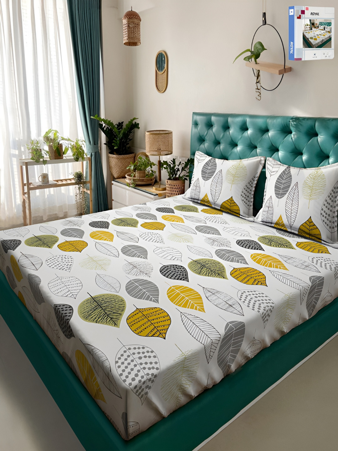 KLOTTHE Book Fold Cream Floral Cotton 300 TC King Bedsheet with 2 Pillow Covers-98 x 89 inches