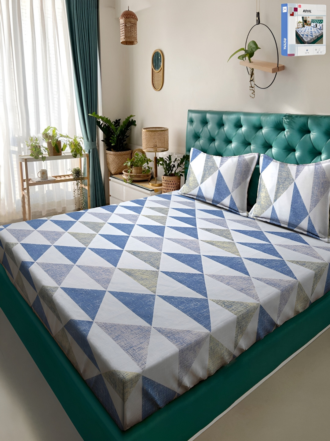 KLOTTHE Blue Geometric Polycotton 300 TC King Bedsheet with 2 Pillow Covers-250 x 225 cm