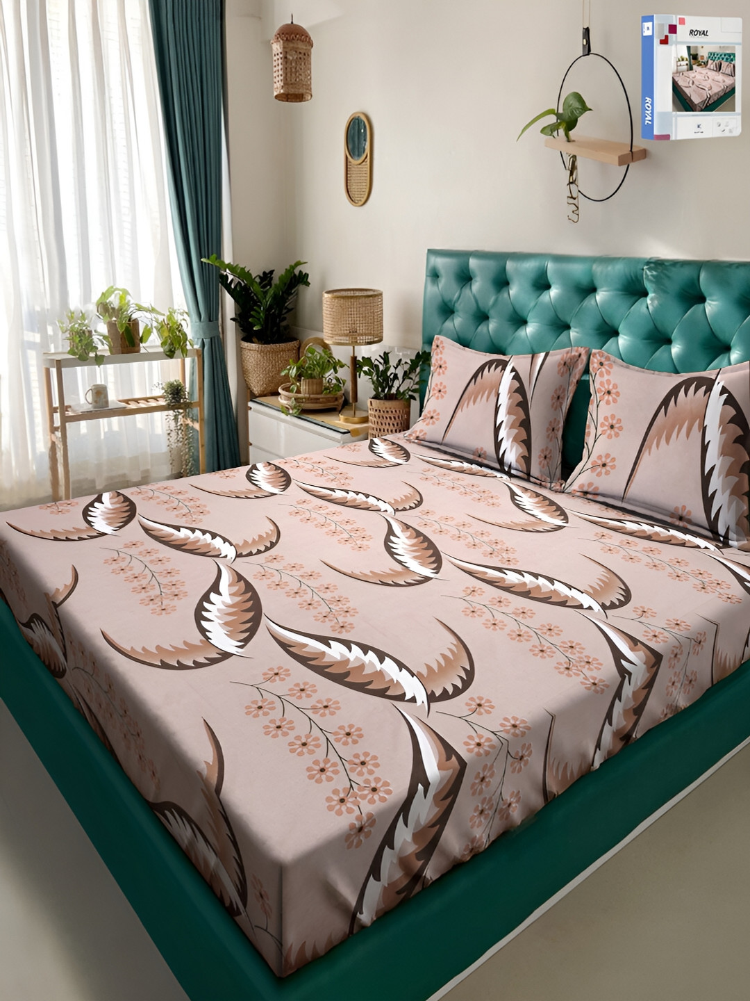 KLOTTHE Book Fold Brown Floral Cotton 300 TC King Bedsheet with 2 Pillow Covers-98 x 89 inches