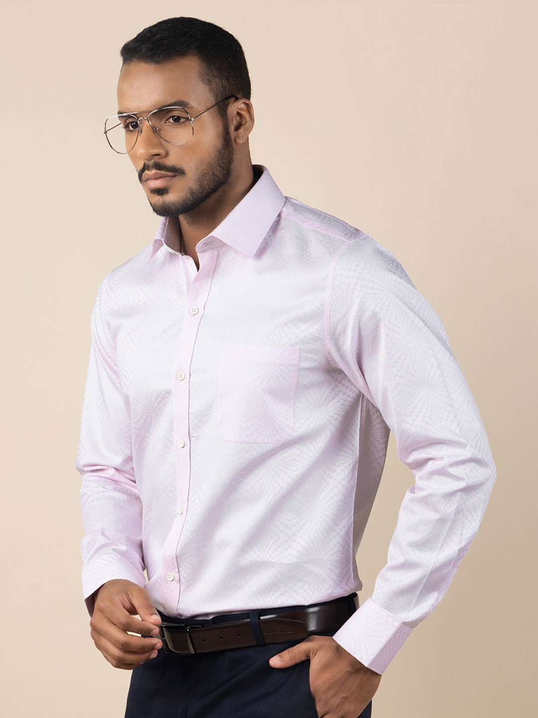 LOUIS STITCH Comfort Textured Self Design Semi Spread Collar Cotton Formal Shirt