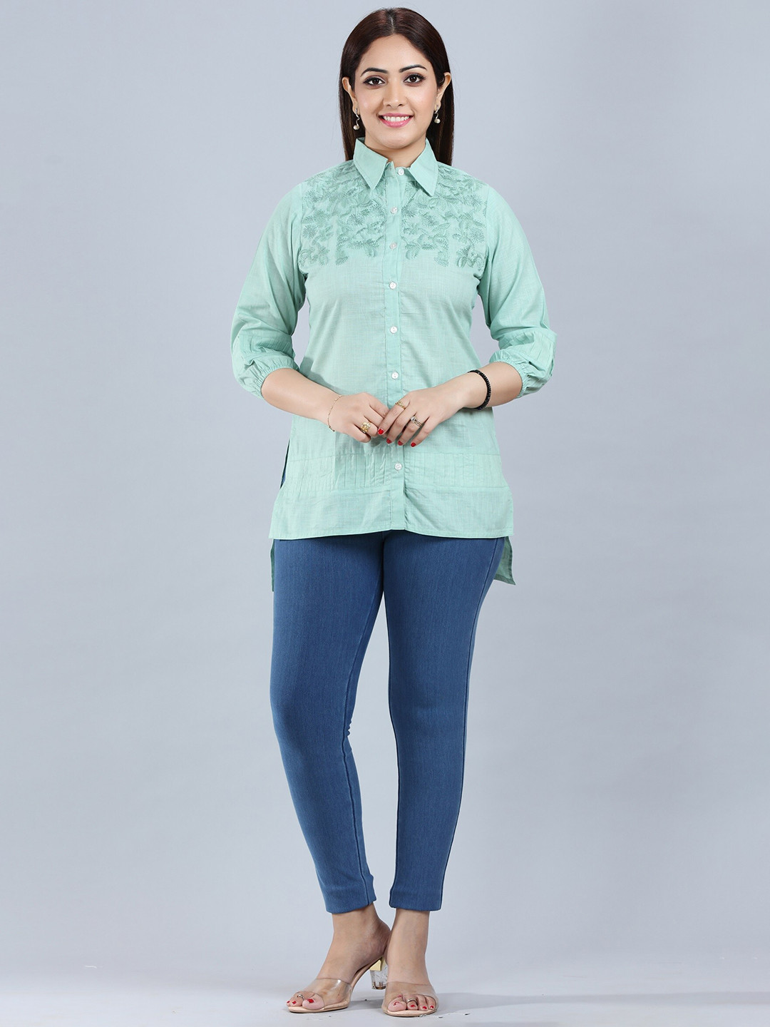 COTTON CULTURE Floral Embroidered Shirt Collar Pure Cotton Kurti