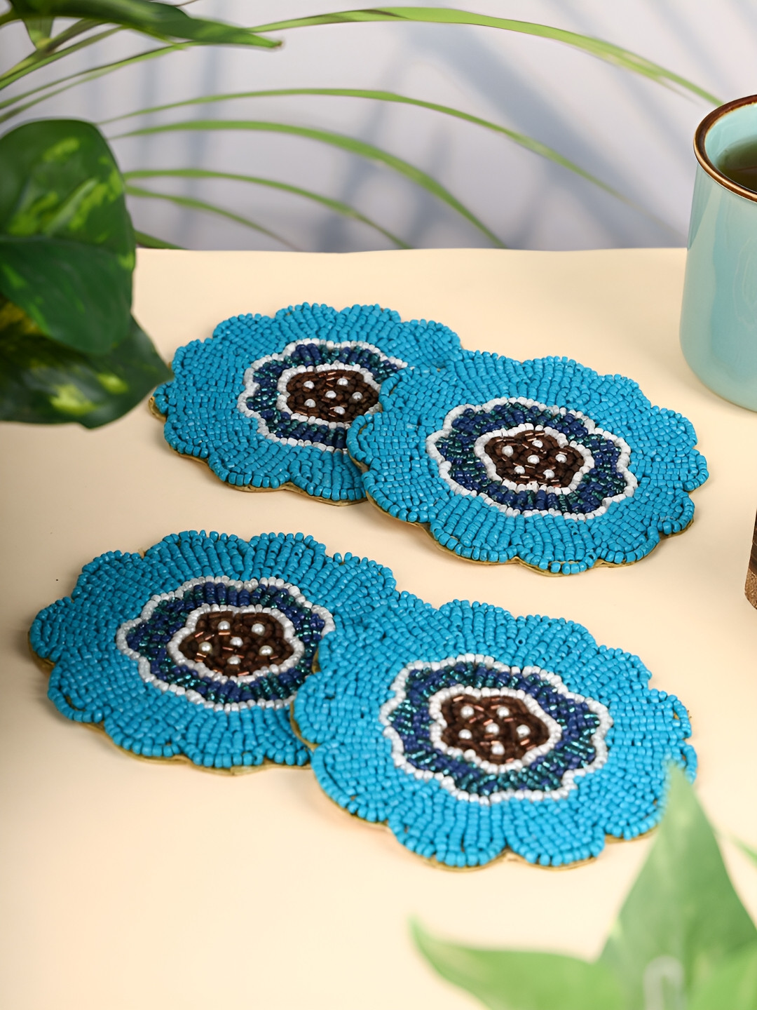 YWULY Blue 4 Pcs Hand Made Beaded Agate Stone Coasters