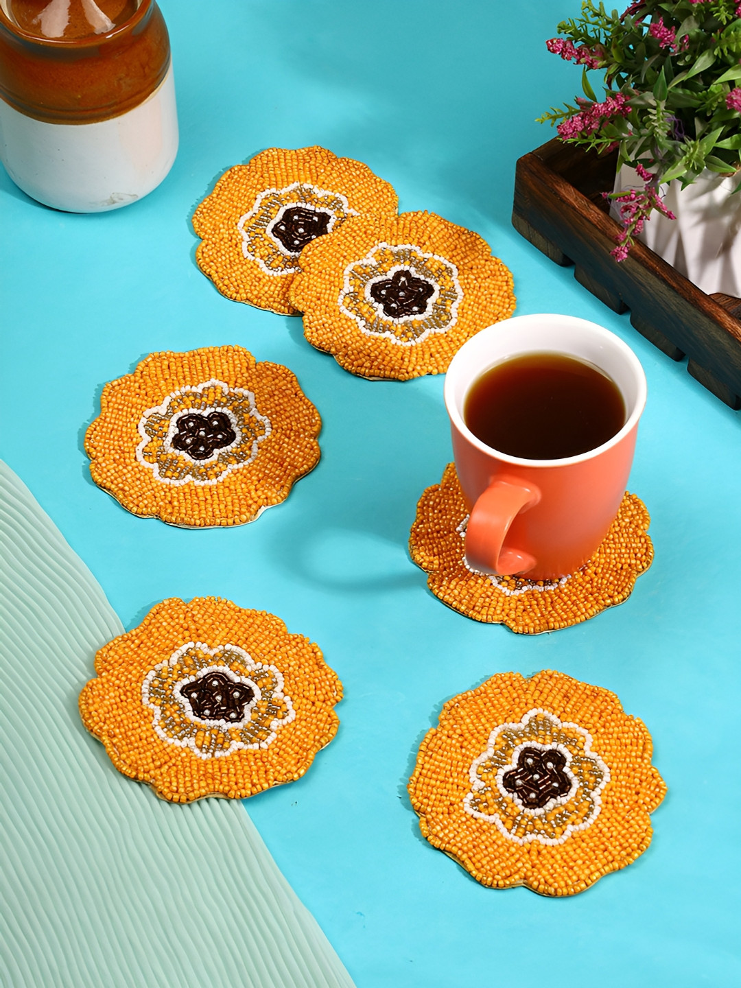 YWULY Orange & Brown 6Pcs Embellished Floral Coasters