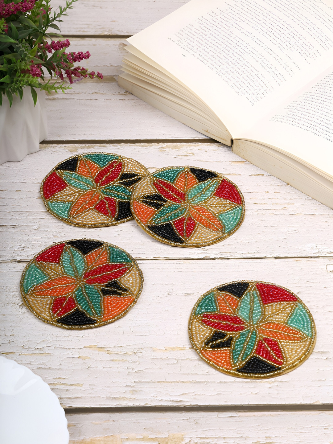 YWULY Red & Blue 4Pcs Embellished Beaded  Coasters