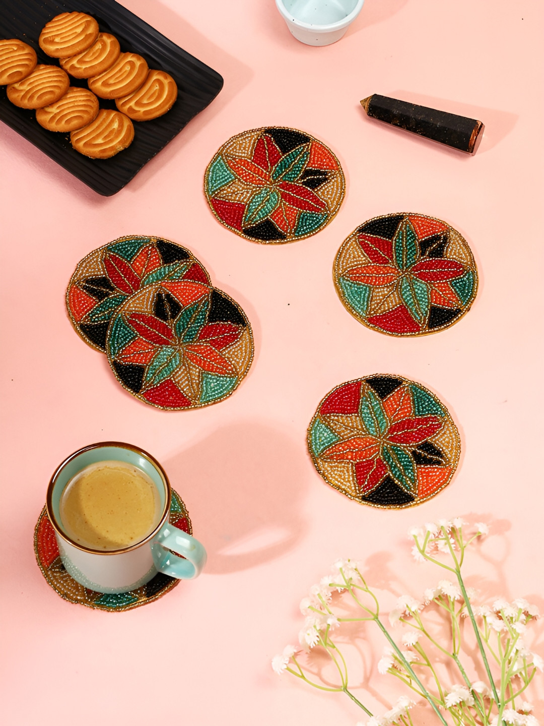 YWULY Unisex 6-Pcs Brown Hand Made Beaded Agate Stone Coasters