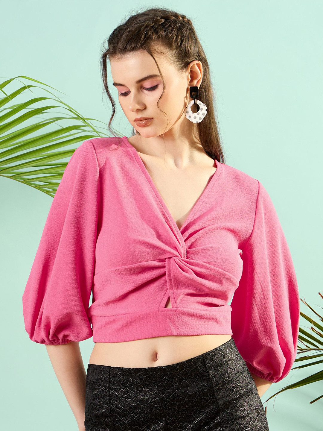 KASSUALLY Puff Sleeve Twisted Crop Top