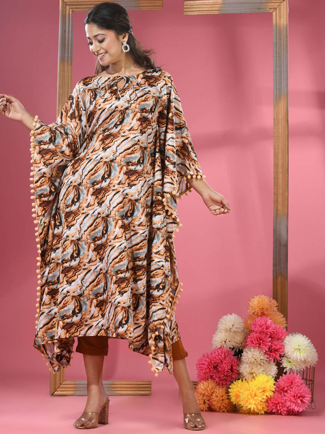 Charukriti Floral Printed Boat Kimono Sleeves Silk Kaftan Kurta