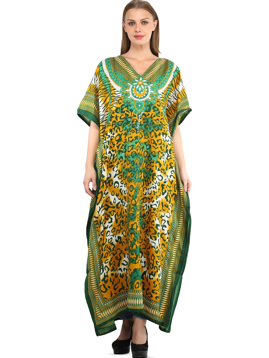 Exotic India Amazon Green Long Kaftan with Printed Tiger-stripes and Dori at Waist