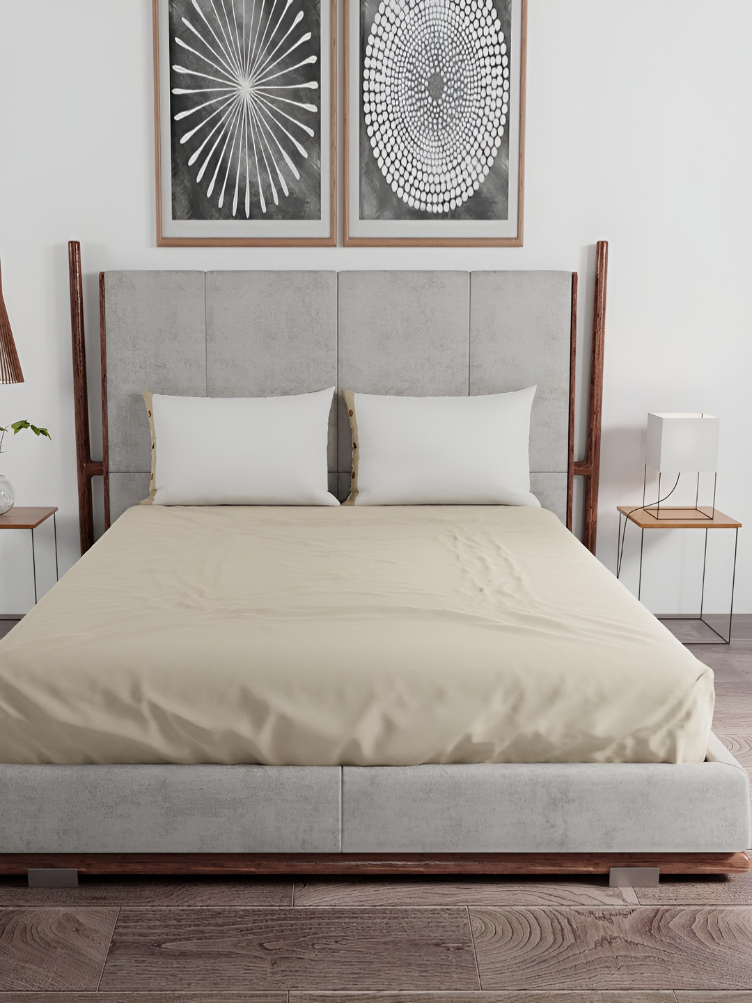 Livonti Beige Solid Cotton Breathable 144 TC Queen Bedsheet with 2 Pillow Covers-259 x 223 cm