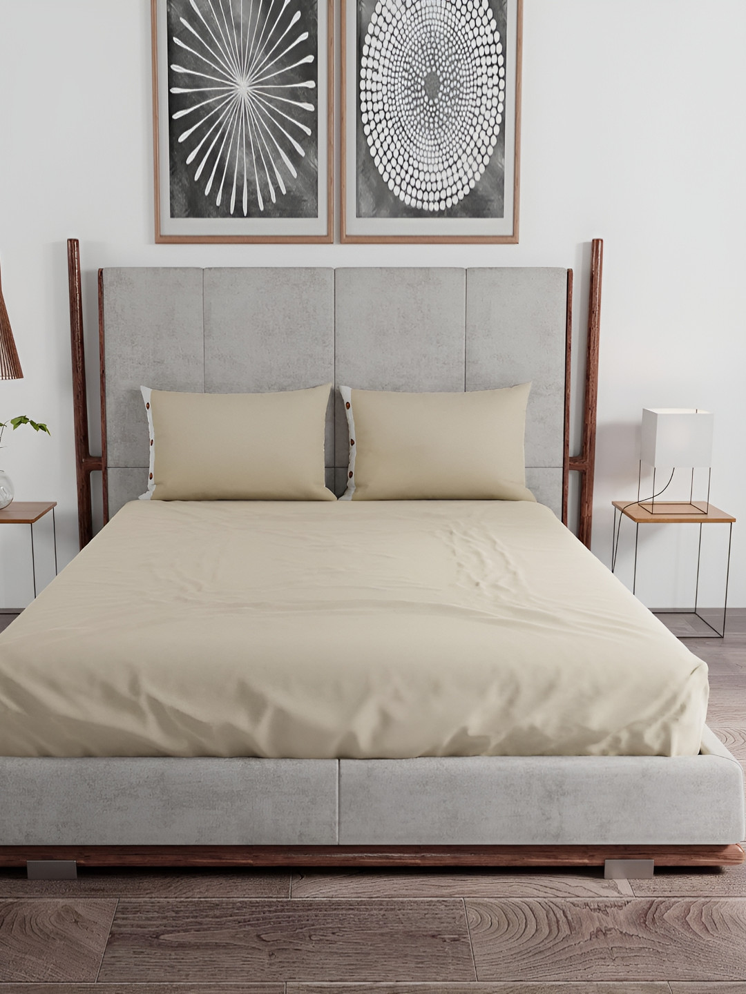 Livonti All Seasons Beige Cotton Breathable 144 TC King Bedsheet with 2 Pillow Covers-104 x 104 inches