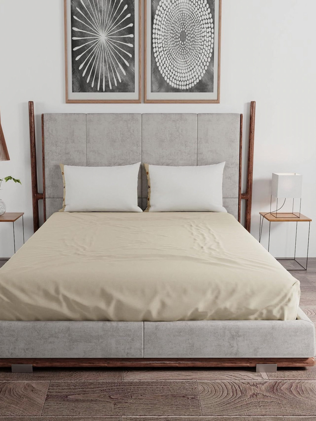 Livonti Cream Cotton Breathable 144 TC King Bedsheet with 2 Pillow Covers-104 x 104 inches