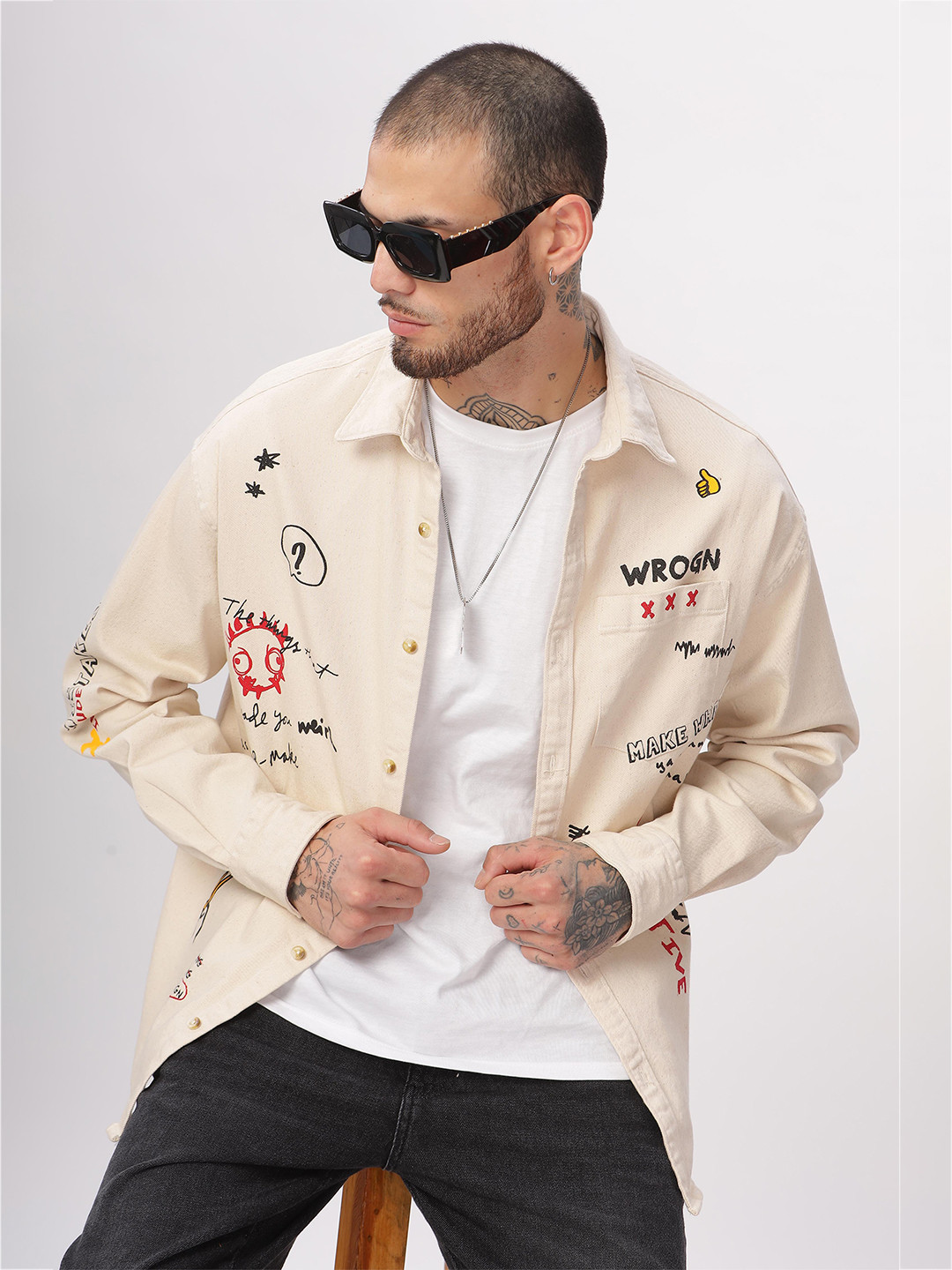 WROGN Custom Graphic Printed Spread Collar Long Sleeves Oversized Casual Shirt