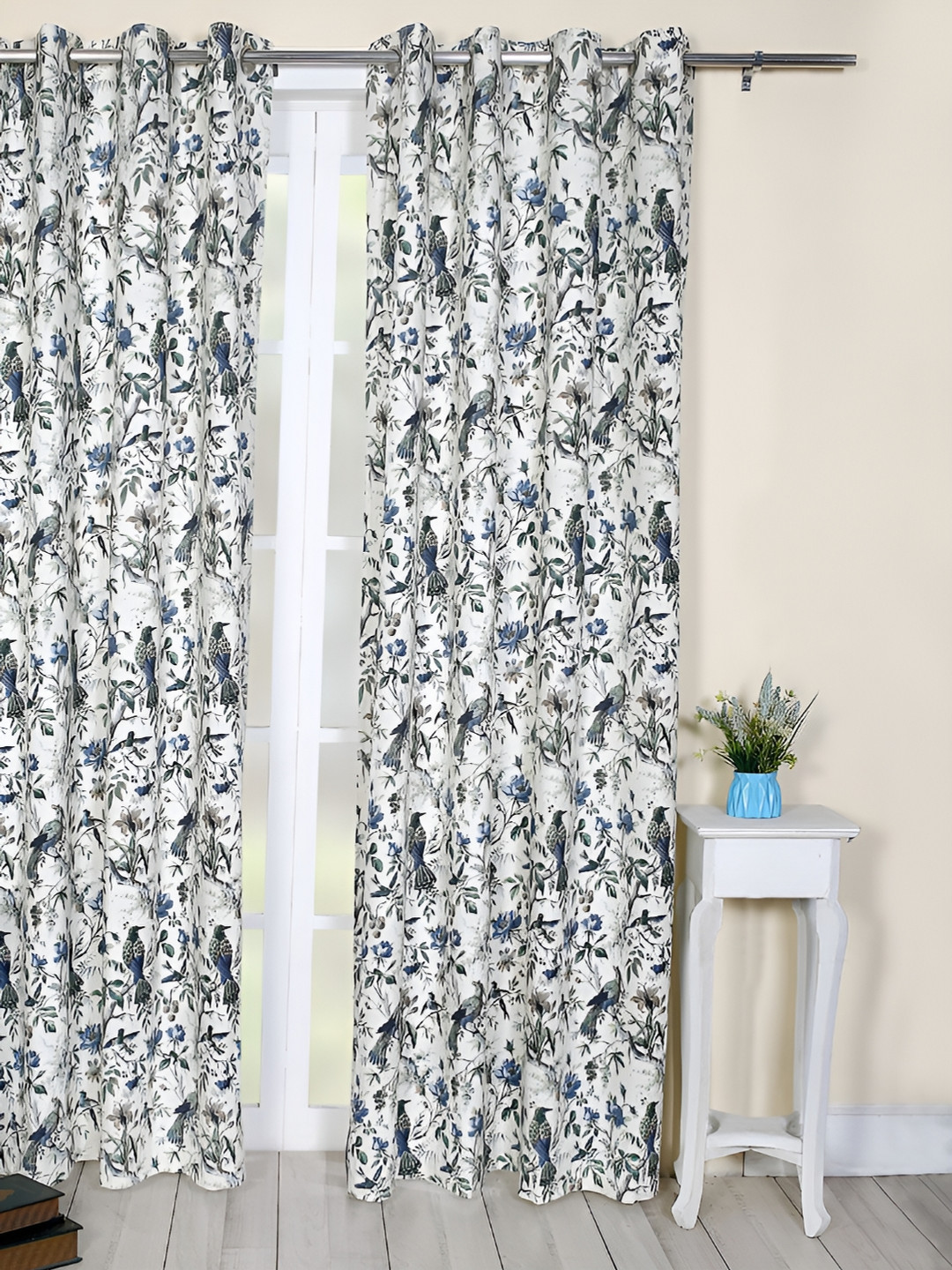 Soumya White & Blue Floral Printed Cotton Room Darkening Long Door Curtain