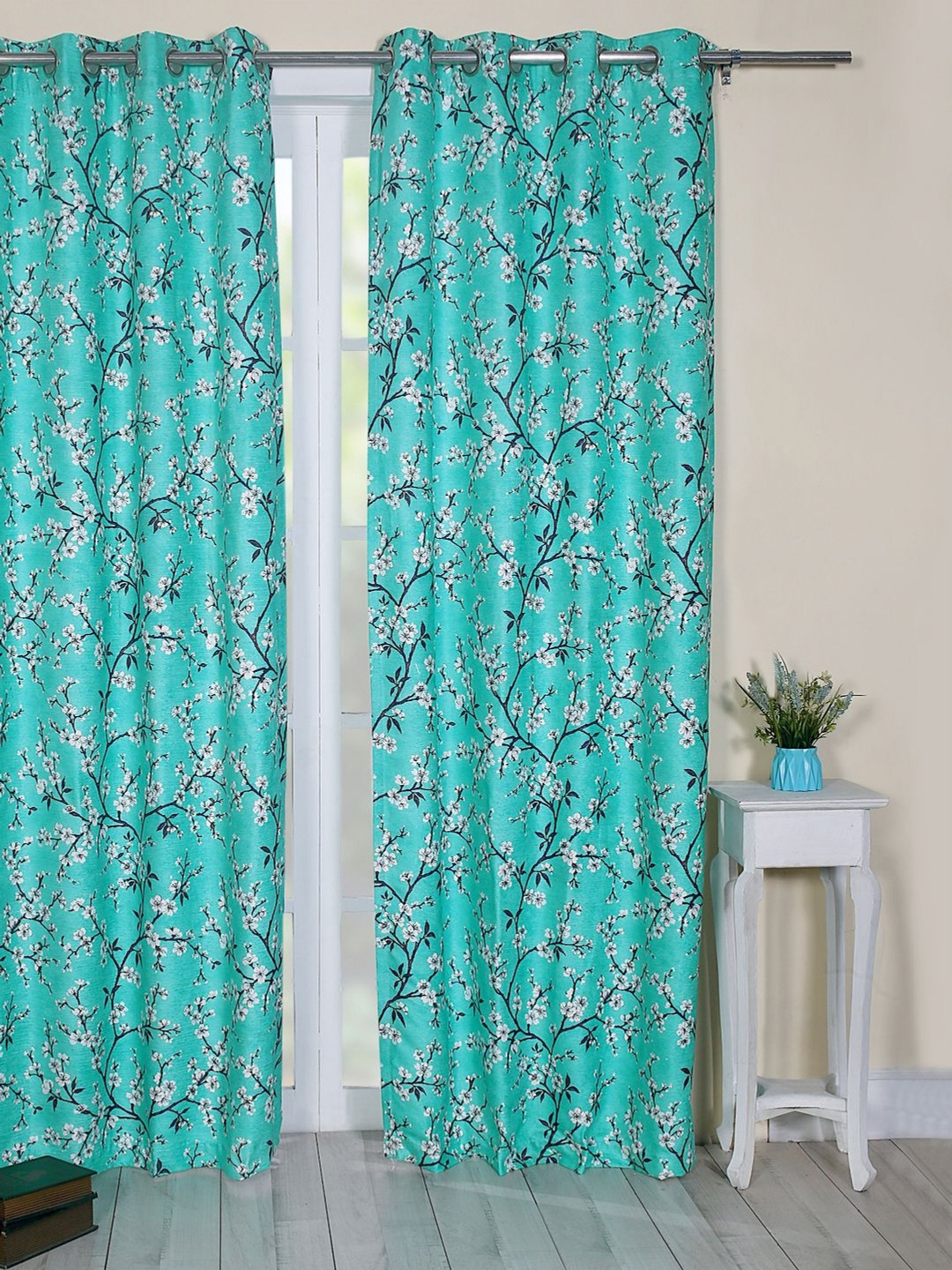 Soumya Turquoise Blue & White Floral Printed Room Darkening Door Curtain