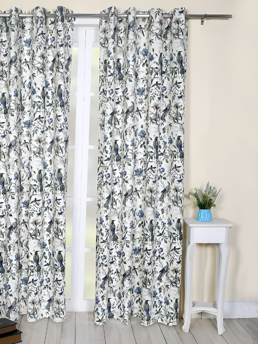 Soumya White & Blue Floral Printed Cotton Room Darkening Long Door Curtain