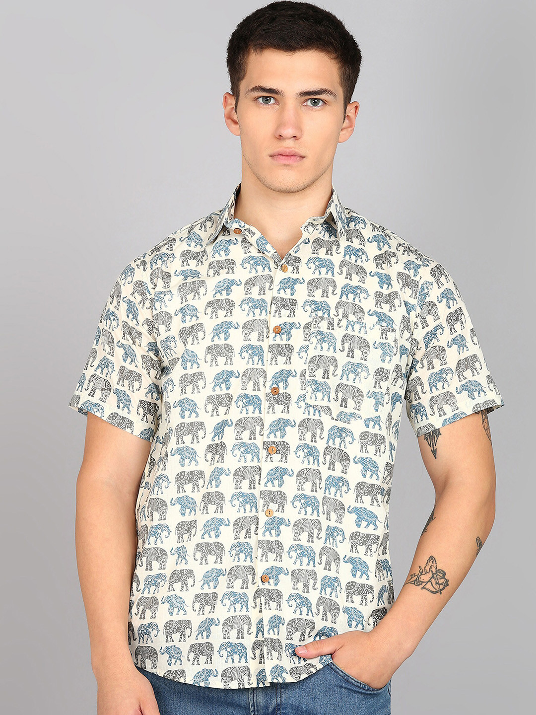 BLOCKS OF INDIA Comfort Conversational Printed Spread Collar Cotton Casual Shirt