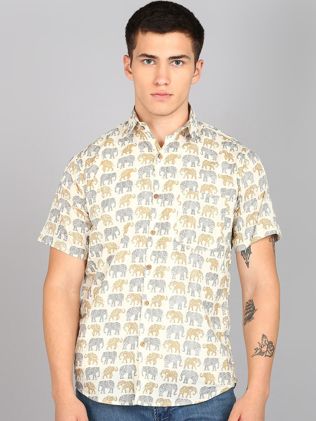 BLOCKS OF INDIA Comfort Conversational Printed Spread Collar Cotton Casual Shirt