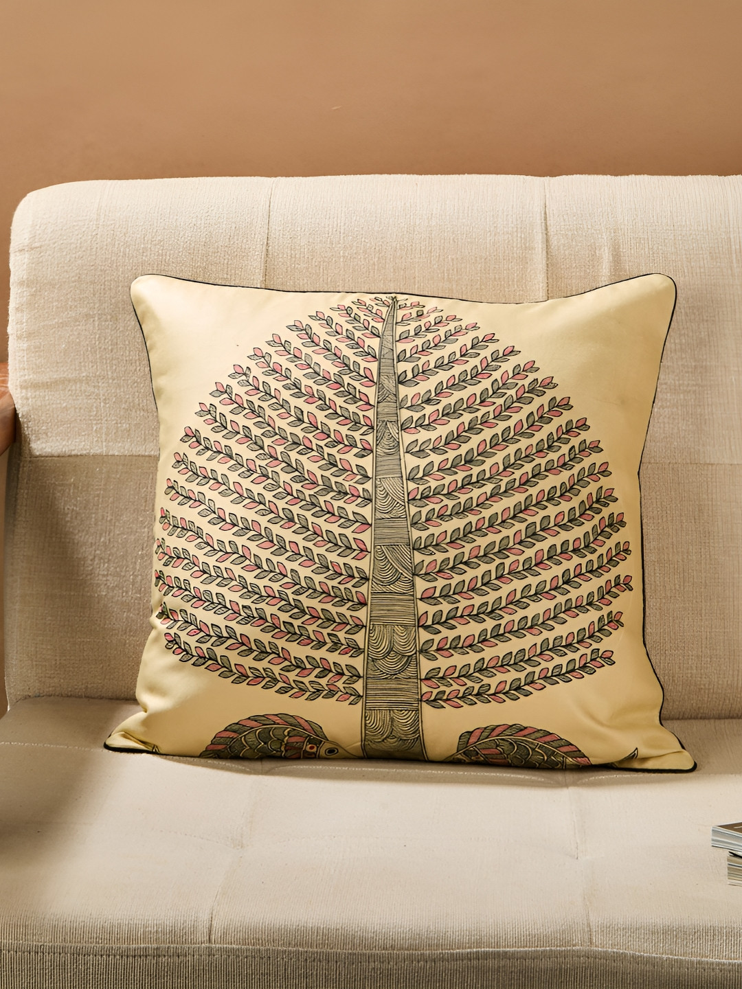 Fabindia Aarsh Beige Leaf Other Durable Square Cushion Covers - 15.7 x 15.7 In