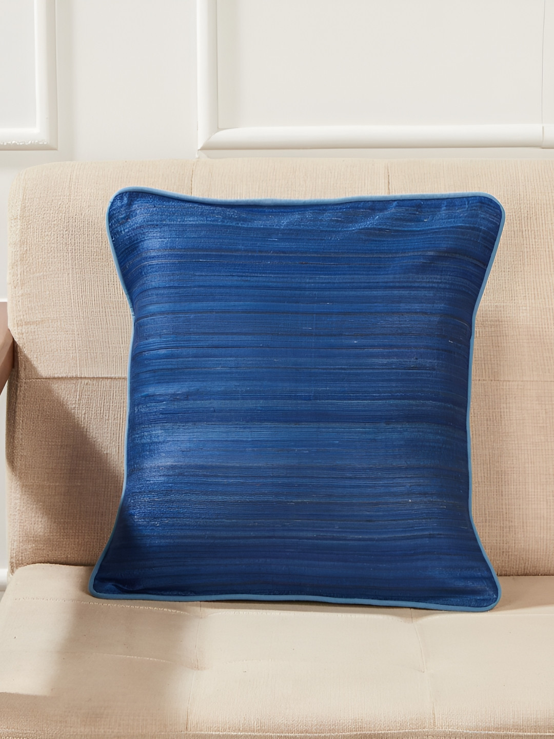 Fabindia Solid Blue Silk Washable Textured Square Cushion Cover -16x16In