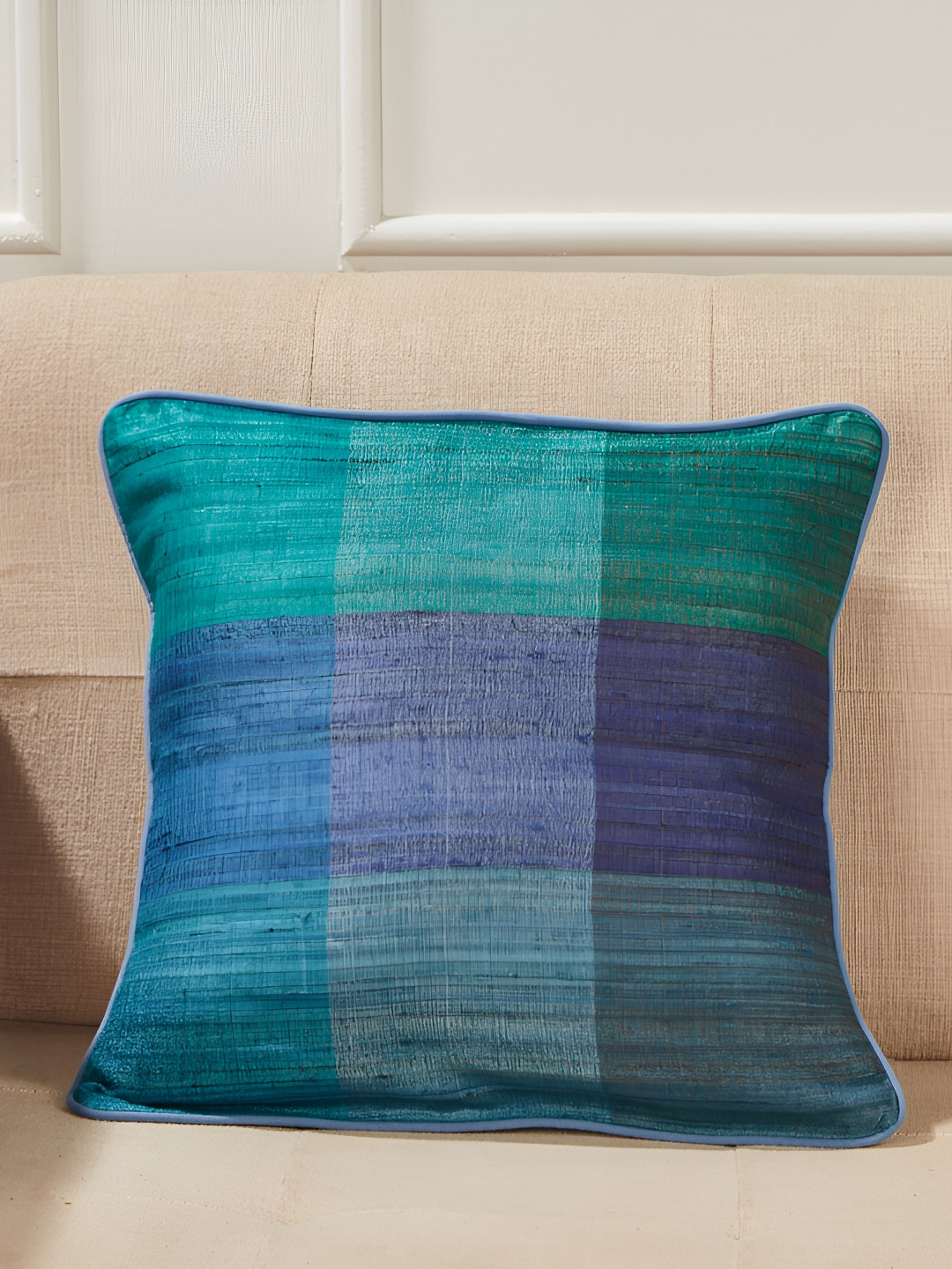 Fabindia Maanika Blue Abstract Silk Durable Textured Square Cushion Cover -15.7x15.7In
