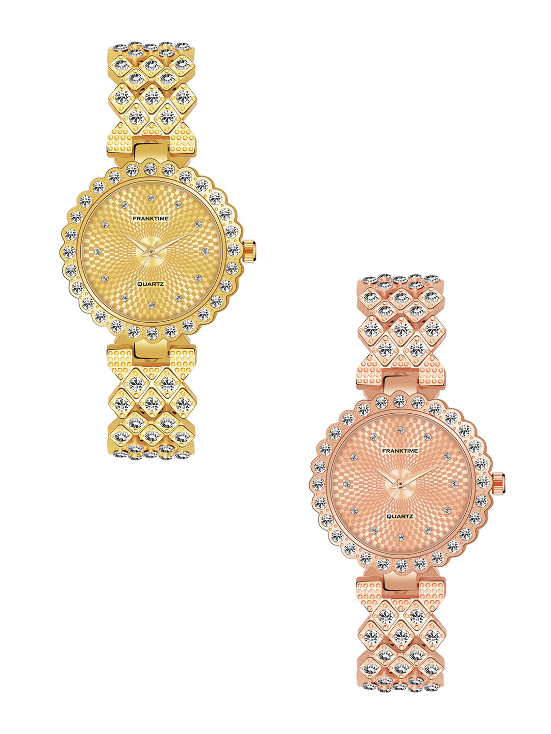 Franktime Unisex Pack Of 2 Embellished Dial & Stainless Steel Straps Watch FT-1312 GR