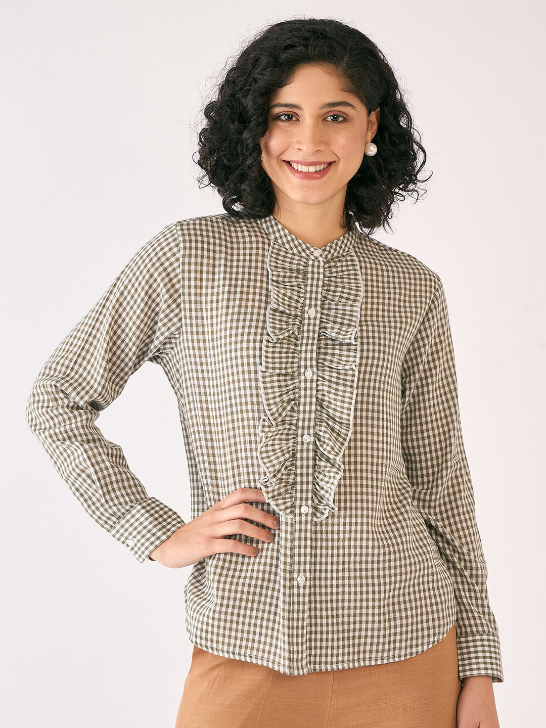 SALT ATTIRE Tailored Fit Micro Checks Band Collar Ruffles Cotton Casual Shirt