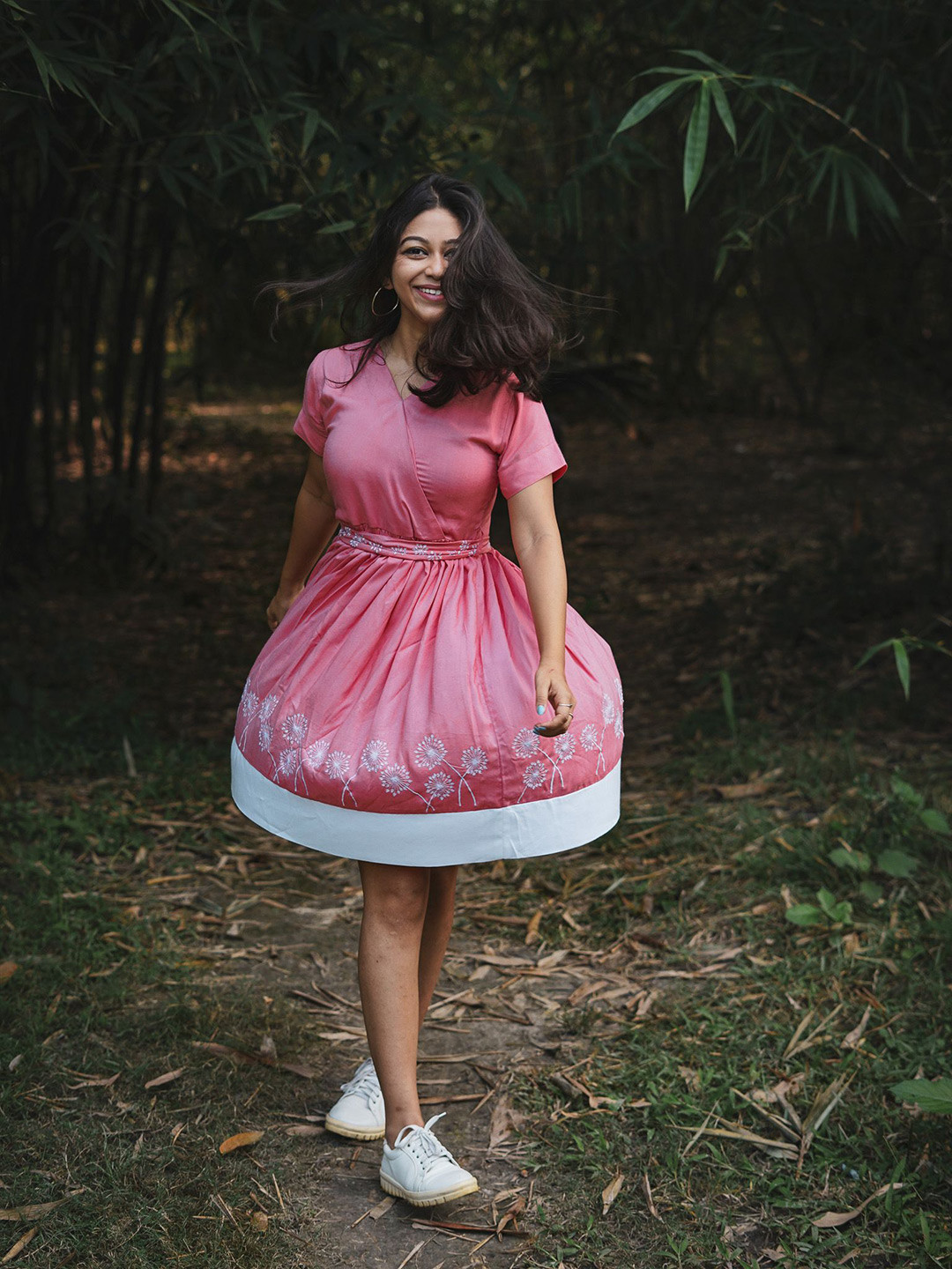 SPARROW Floral Embroidered V-Neck Gathered Cotton Fit & Flare Dress With Belt