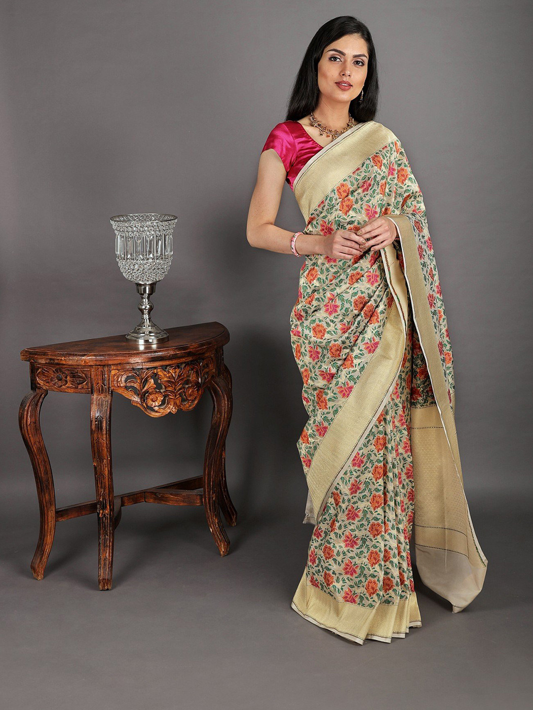 Exotic India Cloud Cream Banarasi Saree with Kadhwa Woven Flowers