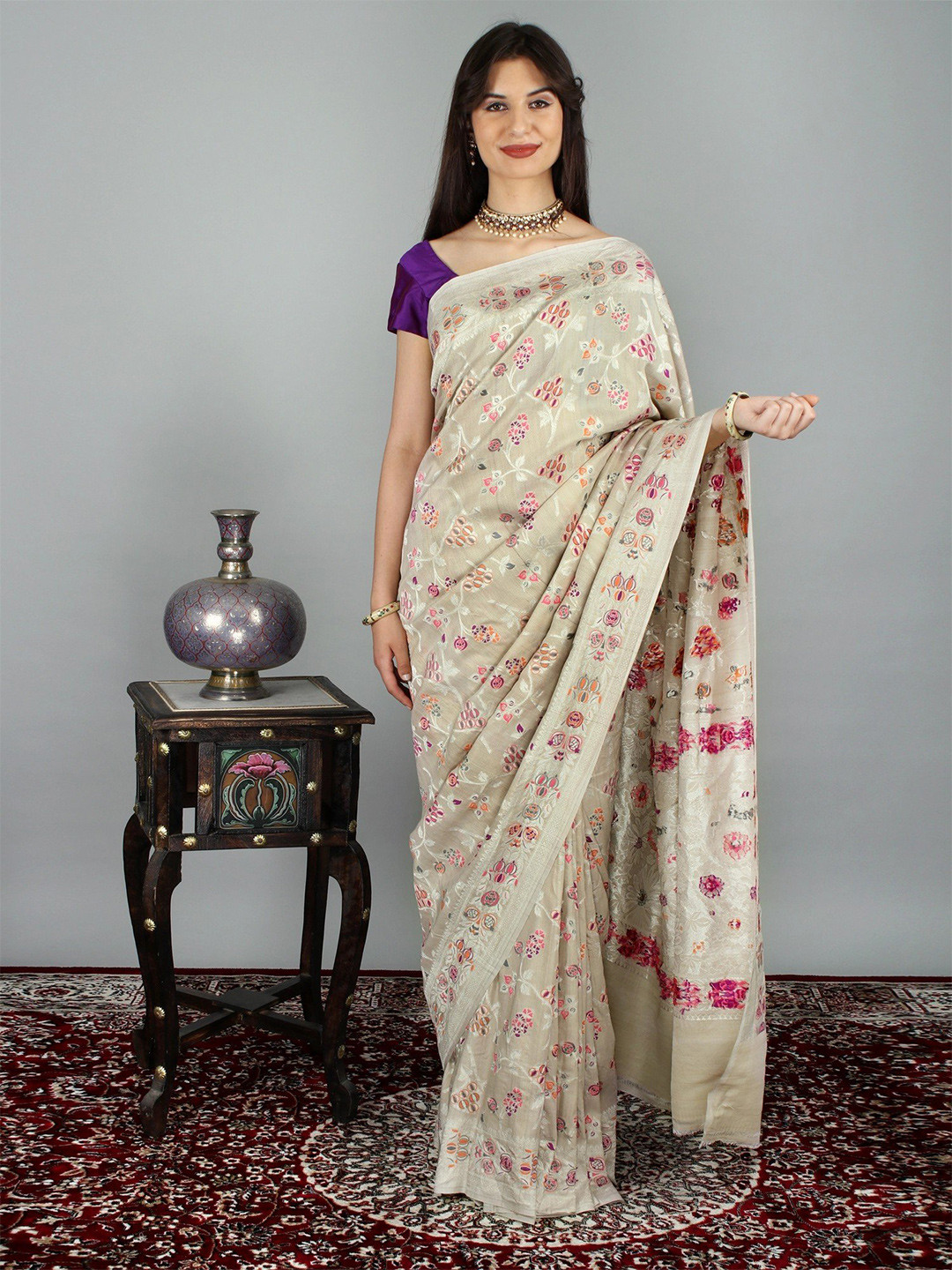 Exotic India White Swan Handloom Banarasi Meenakari Dupion Saree