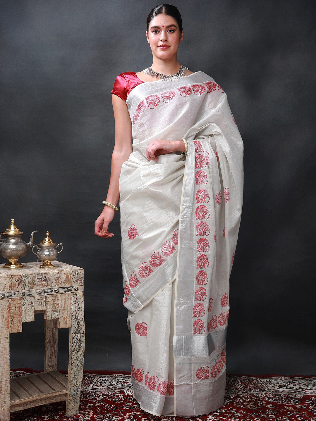 Exotic India Printed Auspicious Pots Kasavu Cotton Silk Star White Saree