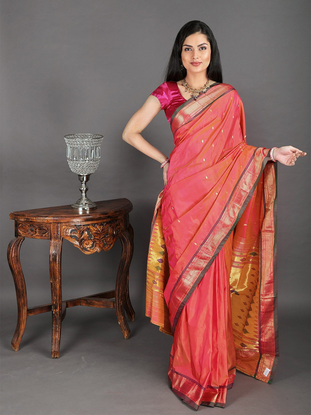 Exotic India Coral Paradise Paithani Saree with Hand-Woven Peacocks on Aanchal