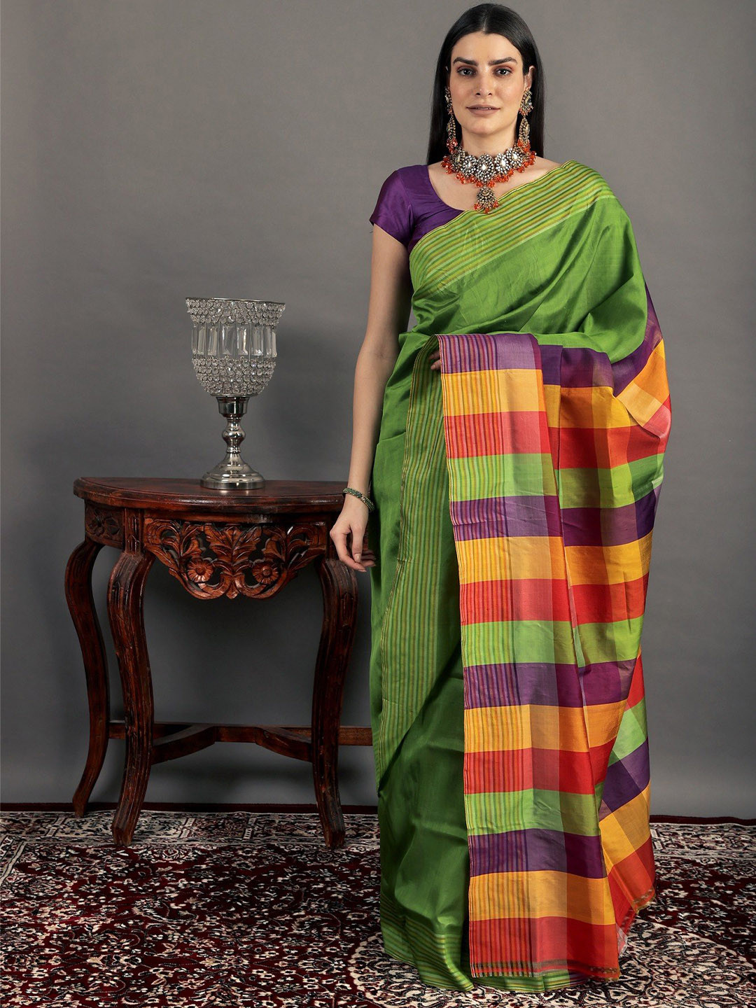 Exotic India Salted Lime Katan Silk Saree with Multicolor Woven Strips Anchal