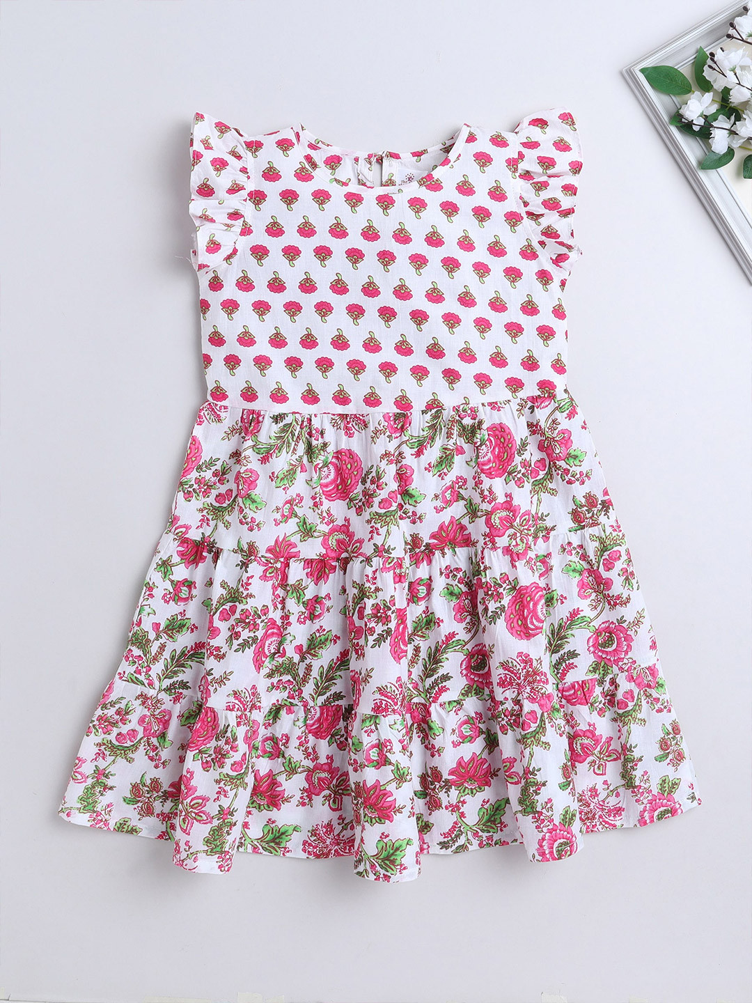 The Magic Wand Girls Floral Print Flutter Sleeve Fit & Flare Dress